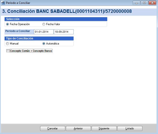 Conciliación bancaria - Selección conciliación