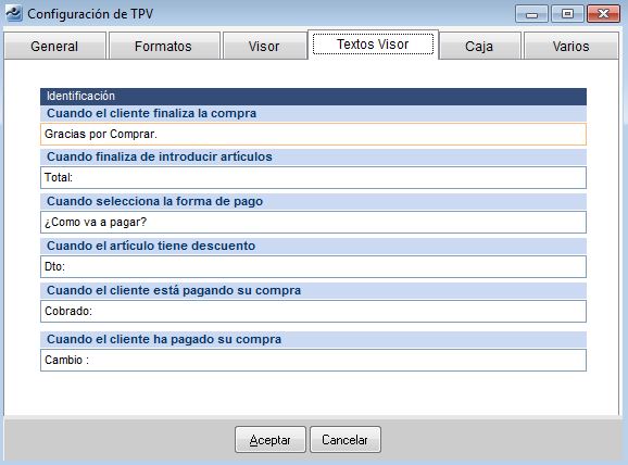 TPV - Configuración Textos Visor