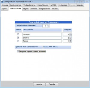 Tallas y Colores - Configuración